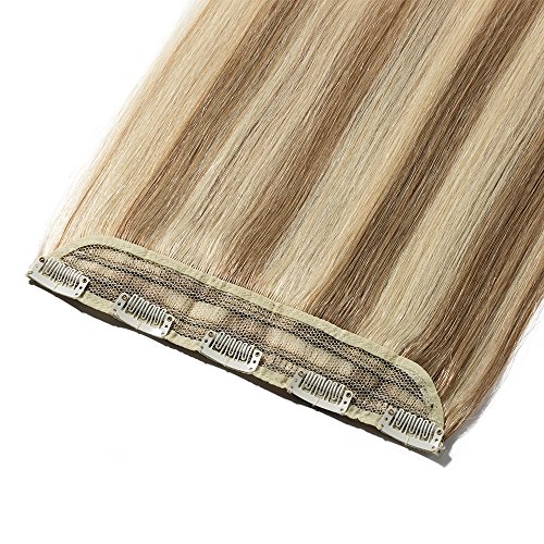 Elailite Extensiones de Clip de Pelo Natural Postizos Cabello Humano Liso - 20 CM #12/613 Castaño Dorado/Blanqueador Rubio (Una Pieza 5 Clips) 100% Remy Human Hair