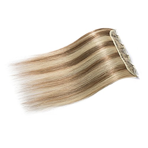 Elailite Extensiones de Clip de Pelo Natural Postizos Cabello Humano Liso - 20 CM #12/613 Castaño Dorado/Blanqueador Rubio (Una Pieza 5 Clips) 100% Remy Human Hair