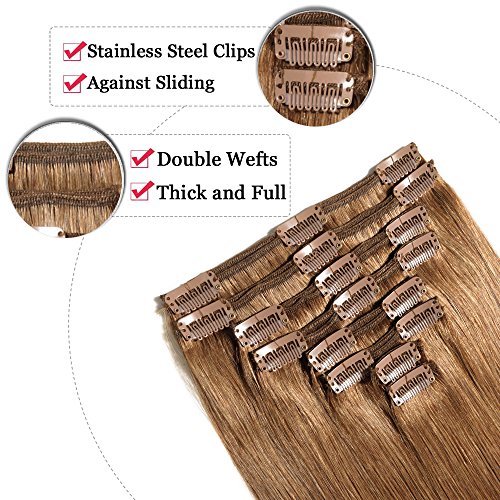 Elailite Extensiones de Clip Pelo Naturel Balayage Remy [Max Grueso] - 25 cm 110g #06 Castaño Claro Mecha Cabello Humano 8 Piezas Double Weft