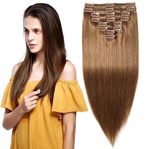 Elailite Extensiones de Clip Pelo Naturel Balayage Remy [Max Grueso] - 25 cm 110g #06 Castaño Claro Mecha Cabello Humano 8 Piezas Double Weft