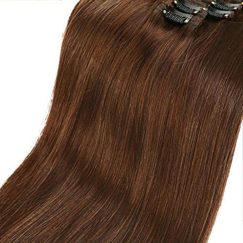 Elailite Extensiones Natural Clip Pelo Humano Cabello - 25 cm 110g #04 Castaño Medio [Max Grueso] 8 Piezas Mecha Remy Human Hair Double Weft