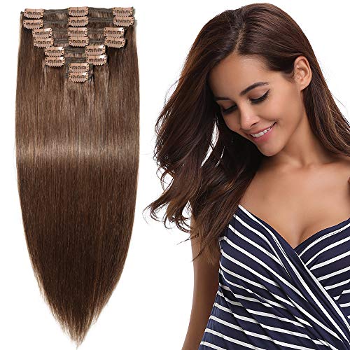 Elailite Extensiones Natural Clip Pelo Humano Cabello - 25 cm 110g #04 Castaño Medio [Max Grueso] 8 Piezas Mecha Remy Human Hair Double Weft
