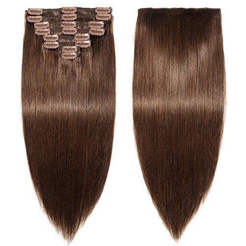 Elailite Extensiones Natural Clip Pelo Humano Cabello - 25 cm 110g #04 Castaño Medio [Max Grueso] 8 Piezas Mecha Remy Human Hair Double Weft