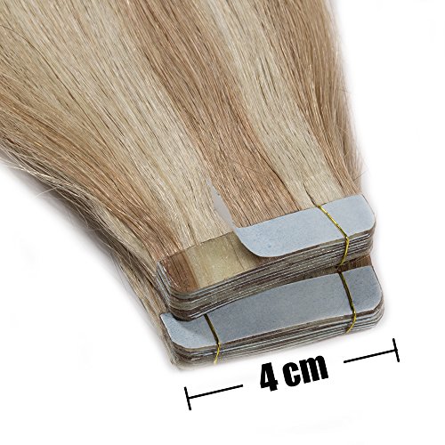 Elailite Extensiones Sin Clips Adhesivas Naturales 100% Remy Pelo Humano [2.5g *20 Unidads] 50g - 45 cm #18P613 Ash Rubio Mecha Rubio Muy Claro - Tape in Hair Extension Lisa