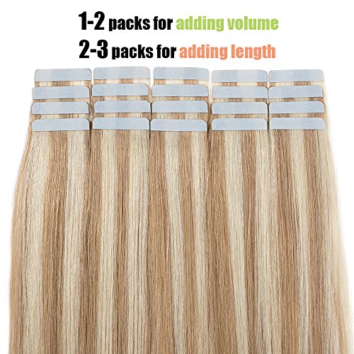 Elailite Extensiones Sin Clips Adhesivas Naturales 100% Remy Pelo Humano [2.5g *20 Unidads] 50g - 45 cm #18P613 Ash Rubio Mecha Rubio Muy Claro - Tape in Hair Extension Lisa