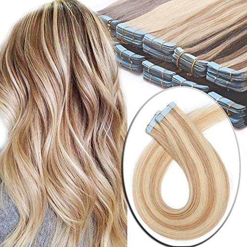 Elailite Extensiones Sin Clips Adhesivas Naturales 100% Remy Pelo Humano [2.5g *20 Unidads] 50g - 45 cm #18P613 Ash Rubio Mecha Rubio Muy Claro - Tape in Hair Extension Lisa