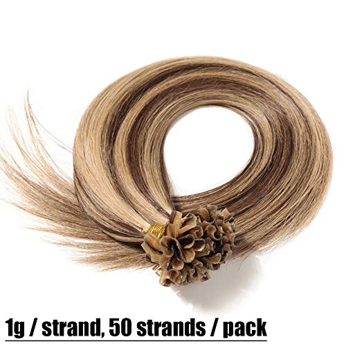 Elailite Queratina Para Extensiones de Cabello Natural Pelo Humano Mechas Remy Human Hair [1g * 50 Unidas] 50g - 40CM #4/27 Marrón Medio/Rubio Oscuro