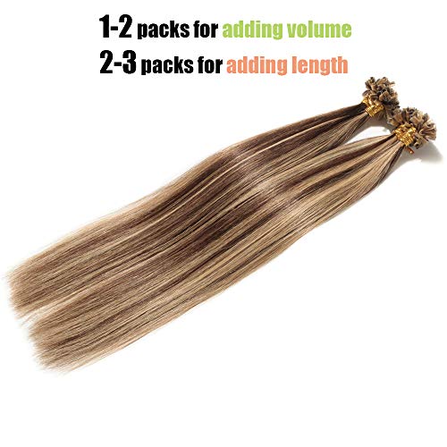 Elailite Queratina Para Extensiones de Cabello Natural Pelo Humano Mechas Remy Human Hair [1g * 50 Unidas] 50g - 40CM #4/27 Marrón Medio/Rubio Oscuro