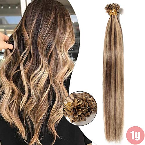 Elailite Queratina Para Extensiones de Cabello Natural Pelo Humano Mechas Remy Human Hair [1g * 50 Unidas] 50g - 40CM #4/27 Marrón Medio/Rubio Oscuro