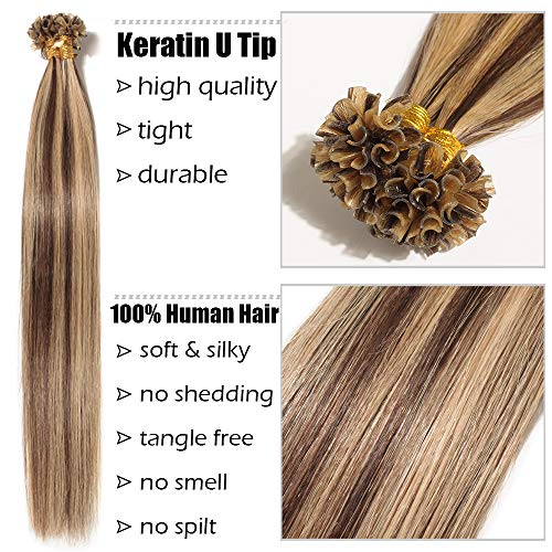 Elailite Queratina Para Extensiones de Cabello Natural Pelo Humano Mechas Remy Human Hair [1g * 50 Unidas] 50g - 40CM #4/27 Marrón Medio/Rubio Oscuro