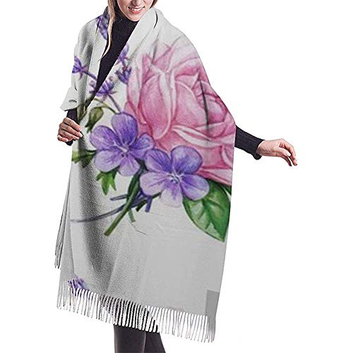 Elaine-Shop Patrón sin costuras con rosas y envoltura de mantón de lavanda Bufanda cálida de invierno Abrigo de bufanda de cachemira del cabo