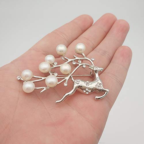 ELAINZ HEART Regalo del día de la Madre Ciervo AfortunadoPlateado Impresionantes Perlas broches y pasadores para Mujeres y niñas con 8pcs Perlas de botón Blanco cultivadas de Agua Dulce