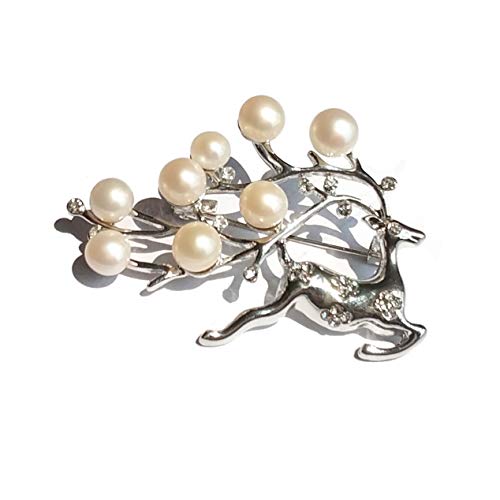 ELAINZ HEART Regalo del día de la Madre Ciervo AfortunadoPlateado Impresionantes Perlas broches y pasadores para Mujeres y niñas con 8pcs Perlas de botón Blanco cultivadas de Agua Dulce