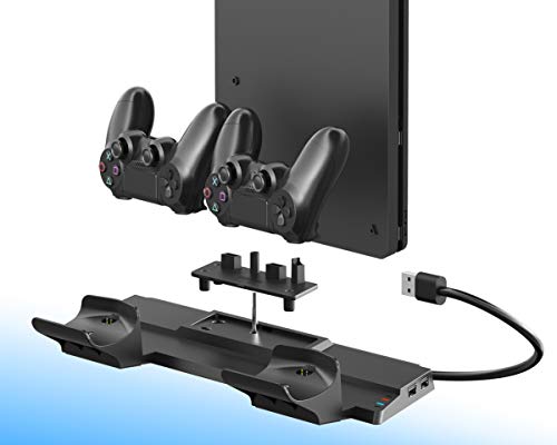 ElecGear PS4 Soporte Vertical con Dual Estación de Carga de Mandos Controller Cargador para DualShock 4 Controller con 4X Mini Adaptador y 2X Puerto USB para PS4, PS4 Slim, PS4 Pro
