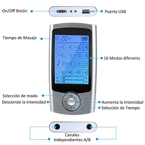 Electroestimulador Digital Masaje Portatil, 16 Modos 6 Pads 2 Canales Estimulador Muscular Recargable Masajeador Electro para Alivio del Dolor de Cervical/Piernas/Abdominal/Espalda/Cuello