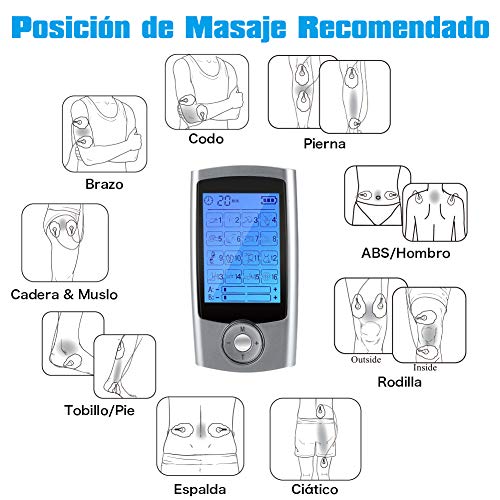 Electroestimulador Digital Masaje Portatil, 16 Modos 6 Pads 2 Canales Estimulador Muscular Recargable Masajeador Electro para Alivio del Dolor de Cervical/Piernas/Abdominal/Espalda/Cuello