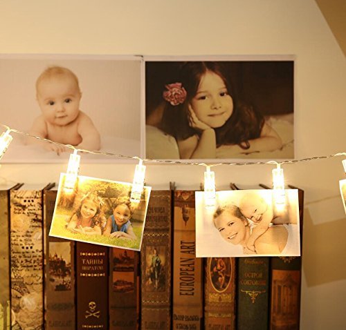 EleganBello Cadena de luces con pinzas 2m 20 LED Cadena de luces con pinzas 2 modos de luz Blanco cálido Guirnalda de luces con Clips para fotos ideal para colgar fotos, notas, Memos y de arte