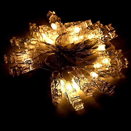 EleganBello Cadena de luces con pinzas 2m 20 LED Cadena de luces con pinzas 2 modos de luz Blanco cálido Guirnalda de luces con Clips para fotos ideal para colgar fotos, notas, Memos y de arte