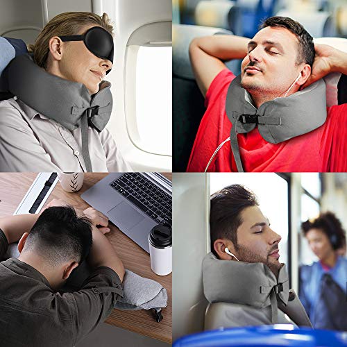 Elegear® Almohada de Viaje Espuma de Memoria Almohada Cervical - Almohada para el Cuello con Tapones Y Máscara de Ojos para Viaje Avión Oficina Familia - Gris Cristal