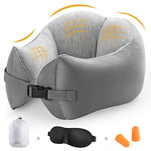 Elegear® Almohada de Viaje Espuma de Memoria Almohada Cervical - Almohada para el Cuello con Tapones Y Máscara de Ojos para Viaje Avión Oficina Familia - Gris Cristal