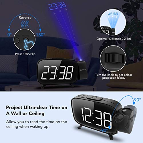 ELEGIANT Reloj Despertador Digital Proyector con FM Radio, Brillo 3 Niveles Atenuador 7 Alarmas de 6 Volúmenes Proyector 180 ° Pantalla Plegable, Puerto USB, 12/24 Horas, Snooze