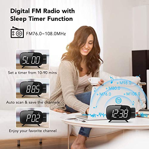 ELEGIANT Reloj Despertador Digital Proyector con FM Radio, Brillo 3 Niveles Atenuador 7 Alarmas de 6 Volúmenes Proyector 180 ° Pantalla Plegable, Puerto USB, 12/24 Horas, Snooze