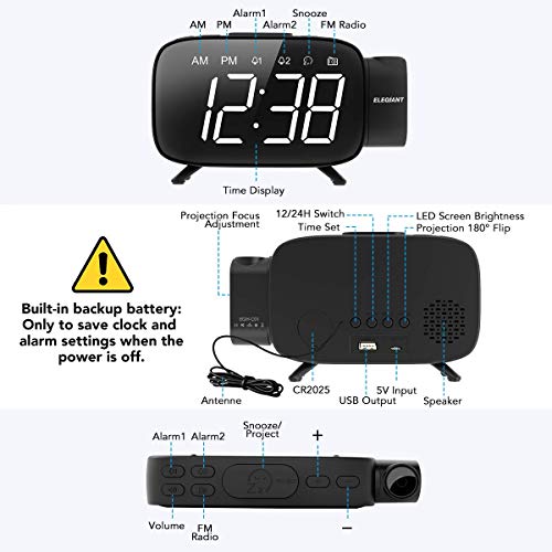 ELEGIANT Reloj Despertador Digital Proyector con FM Radio, Brillo 3 Niveles Atenuador 7 Alarmas de 6 Volúmenes Proyector 180 ° Pantalla Plegable, Puerto USB, 12/24 Horas, Snooze
