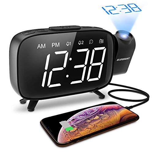 ELEGIANT Reloj Despertador Digital Proyector con FM Radio, Brillo 3 Niveles Atenuador 7 Alarmas de 6 Volúmenes Proyector 180 ° Pantalla Plegable, Puerto USB, 12/24 Horas, Snooze