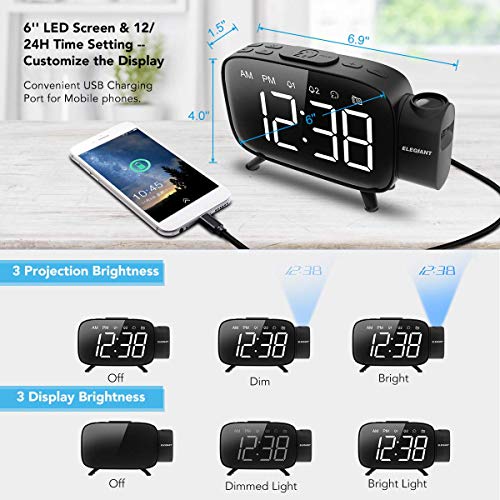 ELEGIANT Reloj Despertador Digital Proyector con FM Radio, Brillo 3 Niveles Atenuador 7 Alarmas de 6 Volúmenes Proyector 180 ° Pantalla Plegable, Puerto USB, 12/24 Horas, Snooze