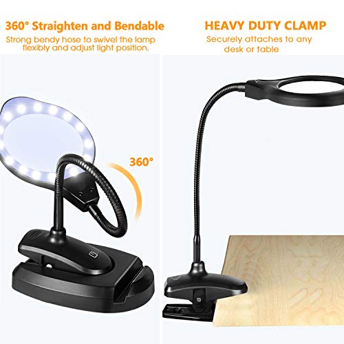 EletecPro - Lámpara con lupa (2 aumentos, 4 aumentos, 30 W, con luz diurna, pinza de maquillaje, lámpara de lupa con pie de pie, ideal para trabajos de precisión y lectura (negro)