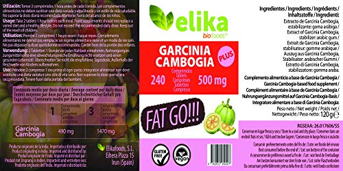Elikafoods- Garcinia Cambogia Plus 60% HCA, 240 comprimidos 500mg, tratamiento para 2 meses!!! adelgazante, sin cafeína, ni estimulantes artificiales.100% natural, vegano y sin gluten.