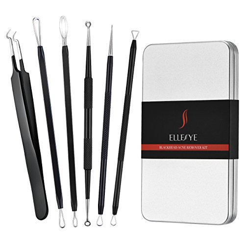 ellesye Blackhead eliminación Kit, 6 piezas Juego de herramientas, acero inoxidable, extractor de comedones, Whitehead mancha de puntos negros acné remover granulada, finamente pulido mango