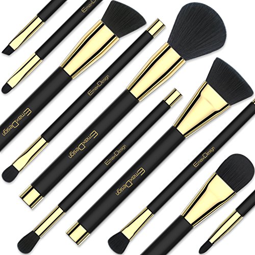 EmaxDesign 10 piezas Juego de brochas de maquillaje cara Fundación Blush de ojos sombra de ojos labios pinceles de maquillaje polvo líquido crema cosméticos herramientas maquillaje (Golden negro)