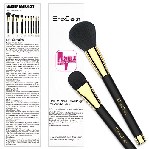 EmaxDesign 10 piezas Juego de brochas de maquillaje cara Fundación Blush de ojos sombra de ojos labios pinceles de maquillaje polvo líquido crema cosméticos herramientas maquillaje (Golden negro)
