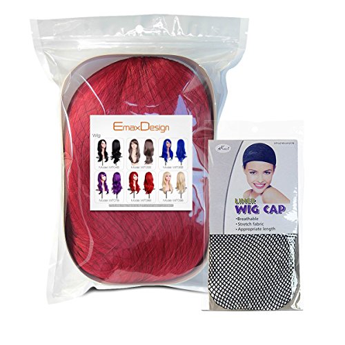 EmaxDesign Peluca de mujer de 70 cm de longitud Melena larga y con volumen, de estilo ondulado y resistente al calor, incluye rejilla para el pelo y peine para peluca, color rojo