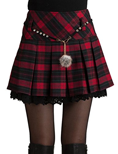 EMMA Mini Falda Mujer Plisada Escocesa Elegante Invierno Alta Cinturilla Elástica de Encaje Doble de la Colegiala (con Hermosa Cadena en la Cintura)