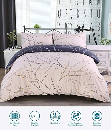 ENCOFT 3 Piezas Juego de Funda de Edredón 220x240cm + 2 Fundas de Almohada 50x75cm en 100% Poliéster Estampada Rama de árbol Ropa de Cama Suave Reversible Gris Beige