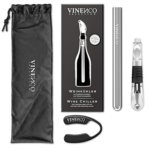 Enfriador de Botellas de Vino Blanco, 3 en 1 Kit: Juego de Refrigeración (Acero) de Calidad + Tapón–Decantador + Aireador | Accesorios Bar, Idea Regalo Mujer Hombre Cumpleaños Fiesta Amigo Barman