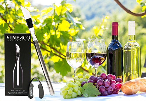 Enfriador de Botellas de Vino Blanco, 3 en 1 Kit: Juego de Refrigeración (Acero) de Calidad + Tapón–Decantador + Aireador | Accesorios Bar, Idea Regalo Mujer Hombre Cumpleaños Fiesta Amigo Barman