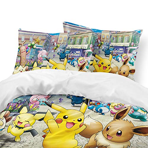 Enhome 3 Piezas Microfibra Juego de Funda de Edredón, Ropa de Cama para Adolescentes 3D Impresión Funda Nórdica y 2 Piezas Fundas de Almohada (Pokemon D,150x200cm)