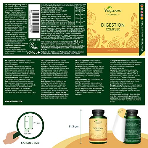 Enzimas Digestivas Vegavero® | 100% Natural | Suplemento para Digestión | Papaína & Bromelina con extractos de Cardamomo, Kiwi y Comino | 180 Cápsulas | Apto para Veganos