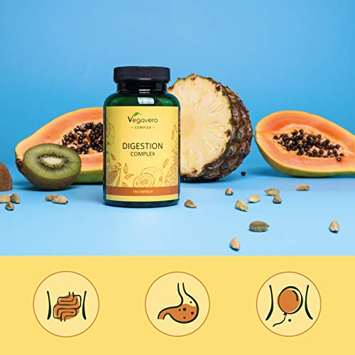 Enzimas Digestivas Vegavero® | 100% Natural | Suplemento para Digestión | Papaína & Bromelina con extractos de Cardamomo, Kiwi y Comino | 180 Cápsulas | Apto para Veganos