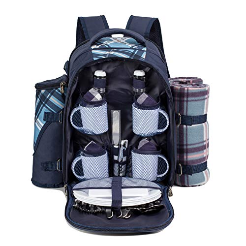 Eono by Amazon - 4 Person Picnic Backpack Hamper Cooler Bag con Juego de Mesa y Manta