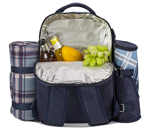 Eono by Amazon - 4 Person Picnic Backpack Hamper Cooler Bag con Juego de Mesa y Manta