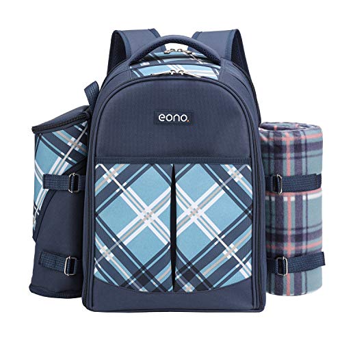 Eono by Amazon - 4 Person Picnic Backpack Hamper Cooler Bag con Juego de Mesa y Manta