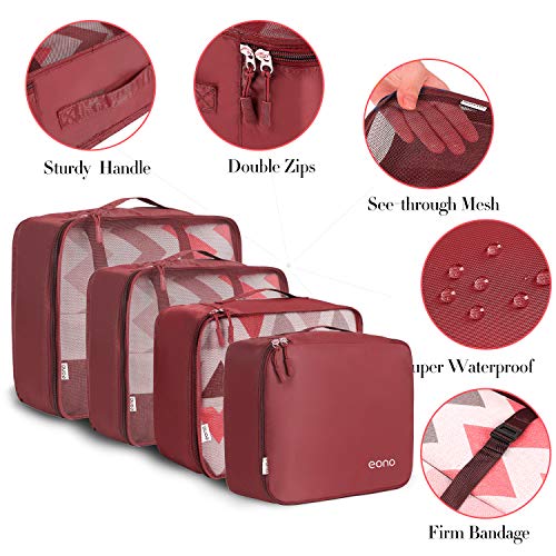 Eono by Amazon - 8 Set Cubos de Embalaje, Organizadores para Maletas, Travel Packing Cubes, Equipaje de Viaje Organizadores, con Bolsa de Zapatos, Bolsa de Cosméticos y Bolsa de Lavandería, Borgoña