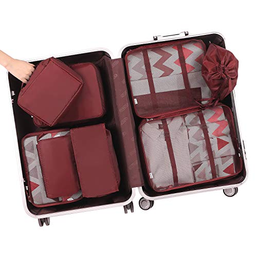 Eono by Amazon - 8 Set Cubos de Embalaje, Organizadores para Maletas, Travel Packing Cubes, Equipaje de Viaje Organizadores, con Bolsa de Zapatos, Bolsa de Cosméticos y Bolsa de Lavandería, Borgoña