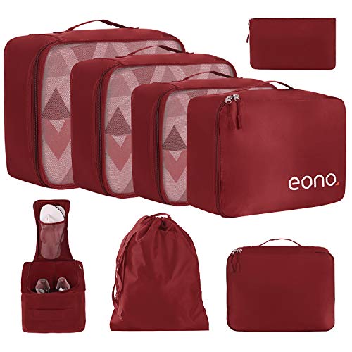 Eono by Amazon - 8 Set Cubos de Embalaje, Organizadores para Maletas, Travel Packing Cubes, Equipaje de Viaje Organizadores, con Bolsa de Zapatos, Bolsa de Cosméticos y Bolsa de Lavandería, Borgoña