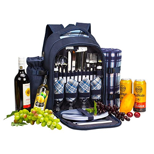 Eono by Amazon - Bolsa para refrigerador con mochila para picnic, 4 personas, juego de vajilla y manta