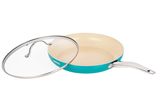 EPPMO Sartén Antiadherente de Aluminio 28cm sin PFOA, Sartén de Cerámica Resistente a Alta Temperatura con Tapa. Apto para todo tipo de Cocinas incluido Inducción, Azul Tiffany, Saltear Freir Asar